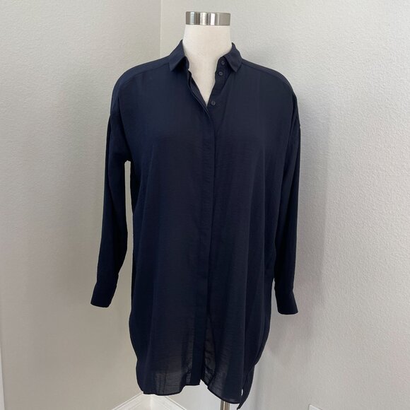 COS Womens 4 Navy Oversized Button Up Tunic Top Long Sleeve Shirt Blouse - Picture 1 of 11